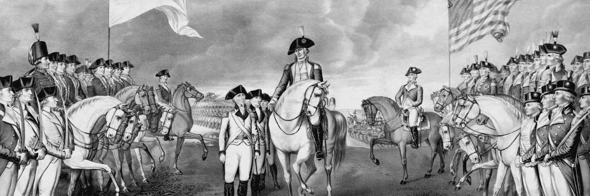 Vintage Revolutionary War print showing the surrender of British troops, to General George Washington and the Continental Army.