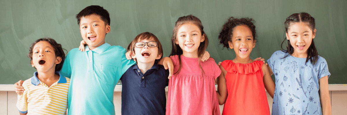Happy student friends standing at a corner for the game four corners