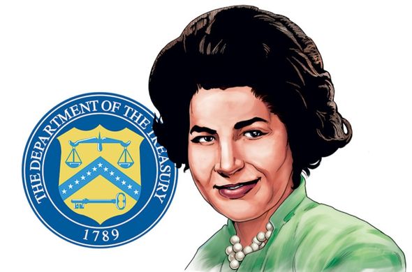 Romana Acosta Bañuelos with the Seal of the Department of the Treasury.