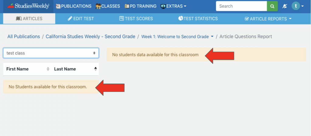 Notification of no students in classroom.