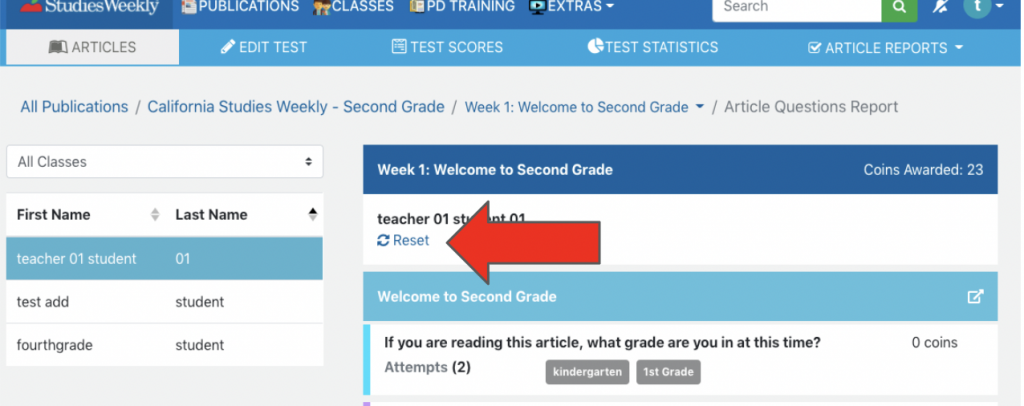 Reset the student Article Question Report.