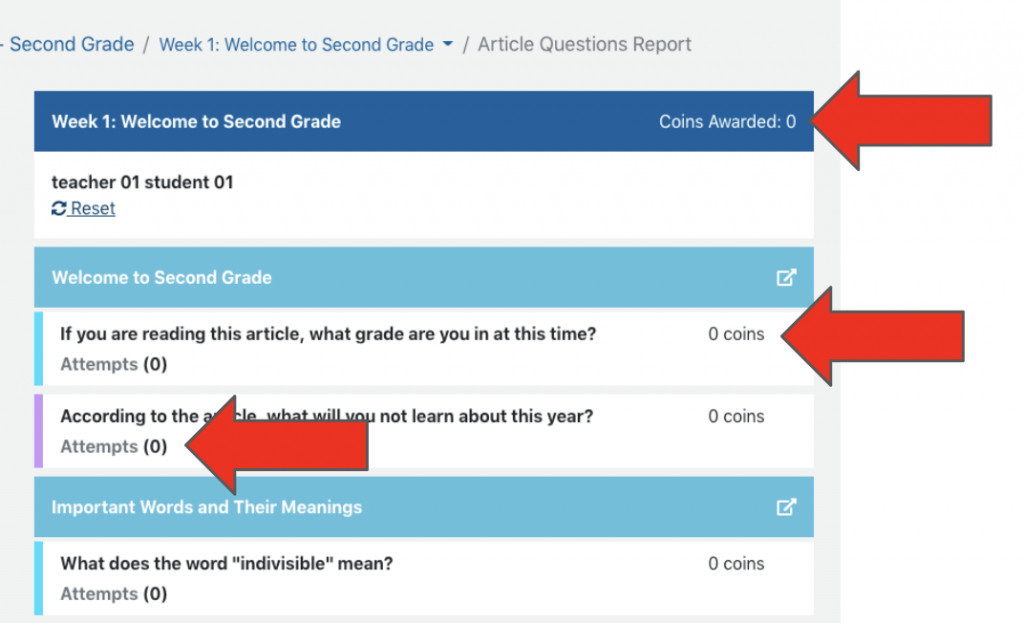 Reset student Article Question Report.