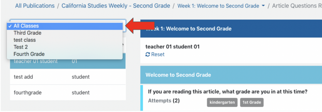 Select a classroom using the dropdown menu on the left.