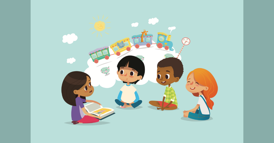 Cartoon kids reading to each other