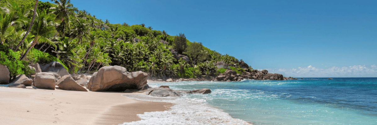 Beach with blue sky, waves, and rocks