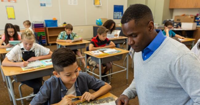 Teacher-with-student Studies Weekly Safe Learning