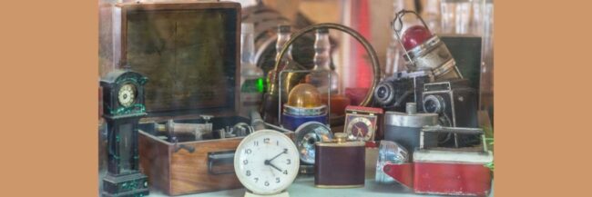 A table full of historical objects.