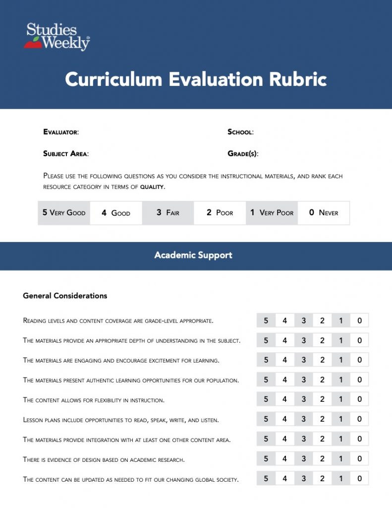 Curriculum Evaluation Rubric Curriculum Evaluation Rubric from Studies Weekly