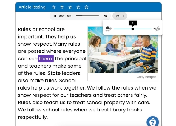 Variable speed audio reader in Studies Weekly Online
