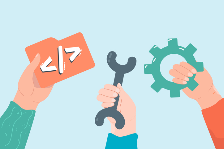 Greater than less than sign, wrench, gear in hands flat vector illustration