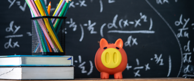 ESSER Funding piggy bank and school background