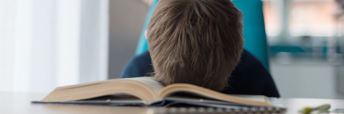 Frustrated-student-face-down-in-a-book Frustrated student face down in a book.