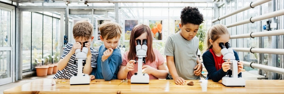 Group-Of-Students-Looking-Through-Microscopes Students with microscopes learning science