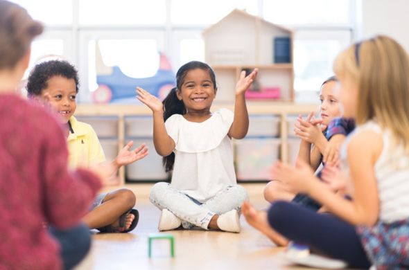 Kids sitting in a circle doing actions to learn social studies concepts with music