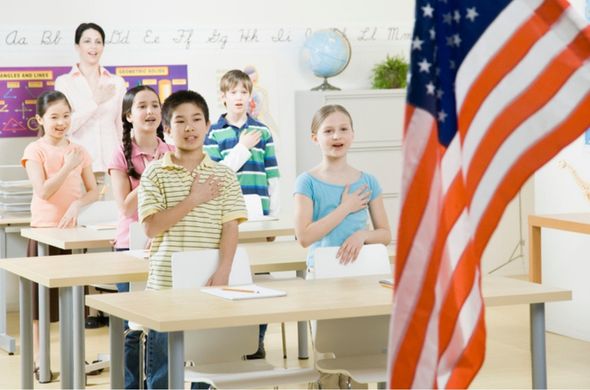 Students learning Pledge of Allegiance, National Anthem, and other patriotic songs to integrate music and social studies