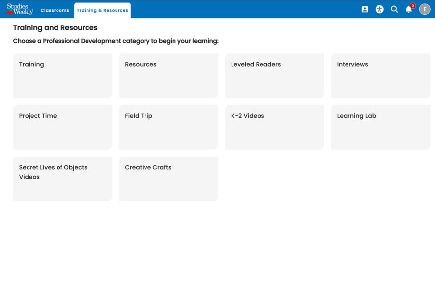 Screenshot showing the different training sections at SWO