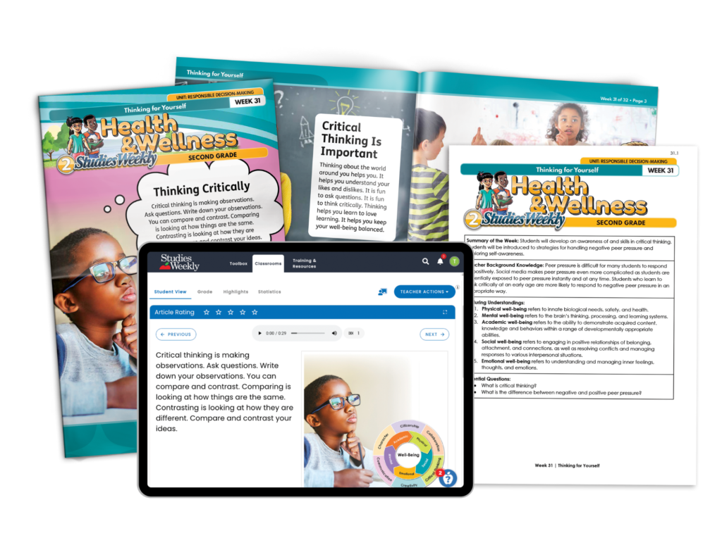 SWO Teacher Edition and Student Edition Health and Wellness Health and Wellness Student Edition, Teacher Edition, and Studies Weekly Online on a tablet displaying the same content