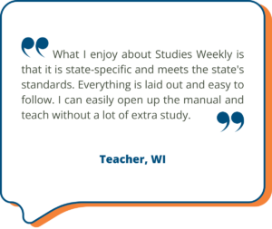 A Studies Weekly customer shares, "What I enjoy about Studies Weekly is that it is state-specific and meets the state's standards. Everything is laid out and easy to follow. I can easily open up the manual and teach without a lot of extra study." in a decorative box