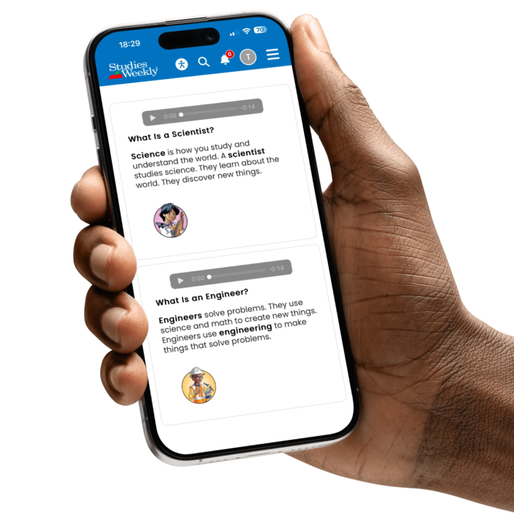 Studies Weekly Online Article Tools shown on the iPhone in the hands of a person