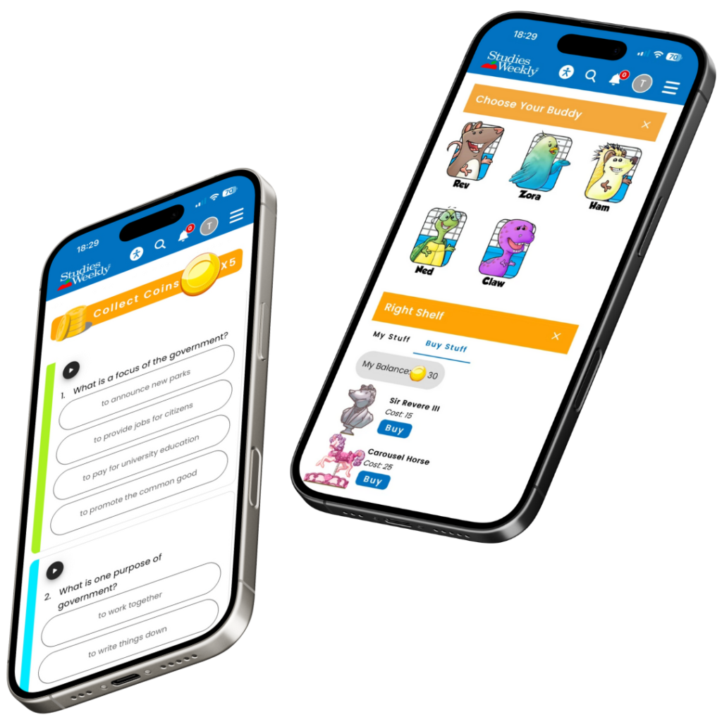 Studies Weekly Online shown on two iPhone. Includes Studies Weekly cartoon characters and multiple choice questions