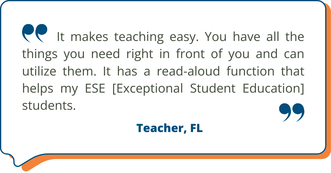 Studies Weekly Testimonial: "It makes teaching easy. You have all the things you need right in front of you and can utilize them. It has a read-aloud function that helps my ESE [Exceptional Student Education] students." - Teacher