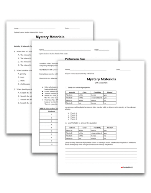 Alabama K–5 Science Assessment types Three different types of assessments in Alabama Explore Science by Studies Weekly, including Unit Assessments, Reading Comprehension Assessments, and Performance Tasks.