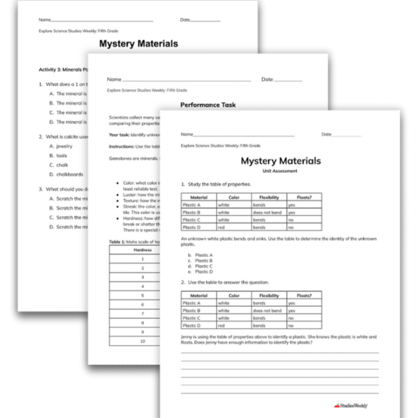 Alabama K–5 Science Assessment types Three different types of assessments in Alabama Explore Science by Studies Weekly, including Unit Assessments, Reading Comprehension Assessments, and Performance Tasks.