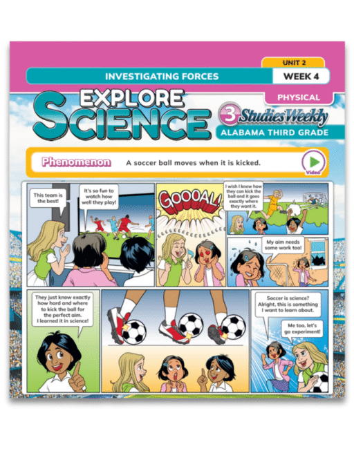 Excerpt from the Alabama K–5 Studies Weekly Explore Science Student Edition showing engaging comic strip