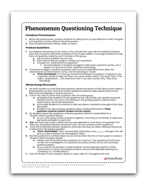 Alabama K–5 Explore Science Phenomenon Questioning Technique printable
