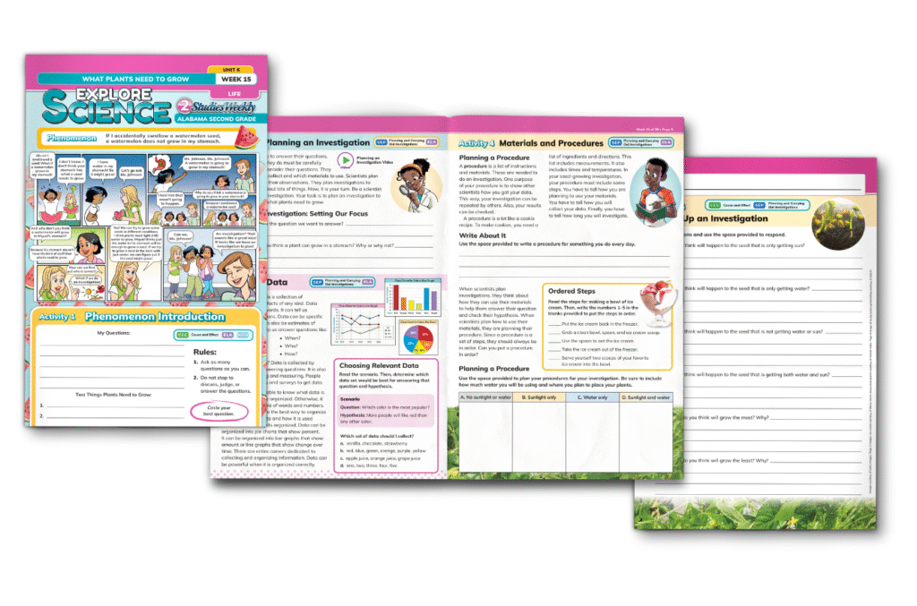 Alabama K–5 Explore Science Student Edition showing the hands-on newspaper lesson