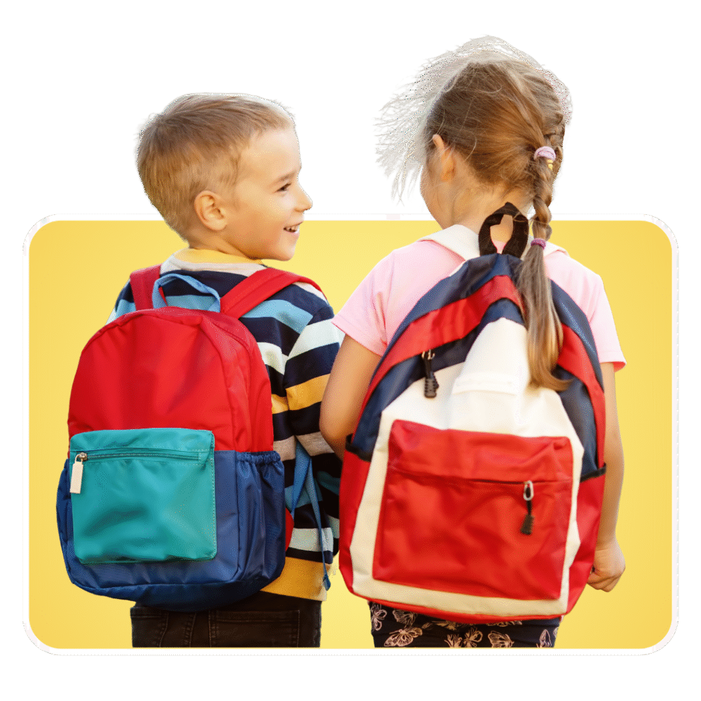 Children with backpacks Two young children wearing colorful backpacks stand side by side, smiling at each other against a yellow background—an ideal image for introducing a social studies curriculum.
