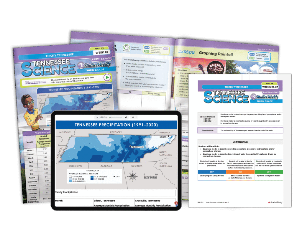 Tennessee Science curriculum with SWO on iPad, SE, and TE Tennessee Science Curriculum Grade 3 Week 26, with an open student edition newspaper, teacher edition, and Studies Weekly Online on a tablet.