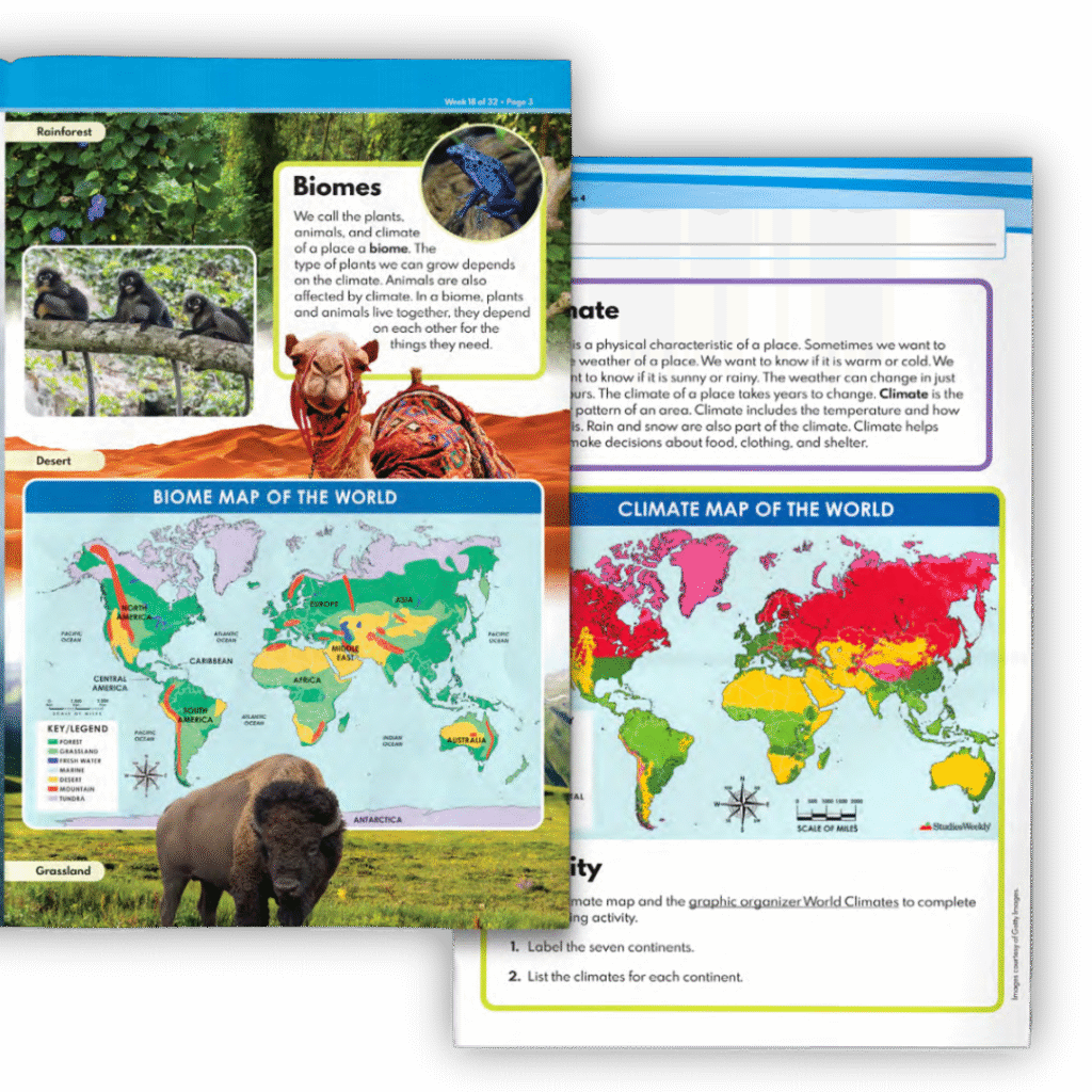Studies Weekly Publication showing different maps and climate zones