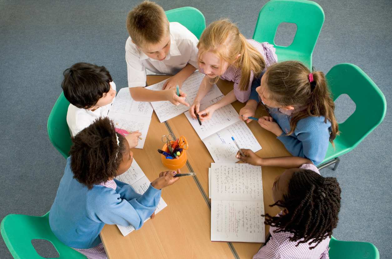 Students working in a group Students sitting around a table working collaboratively