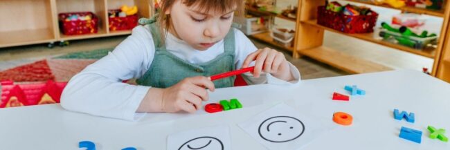 Student with smiley face printouts on the table