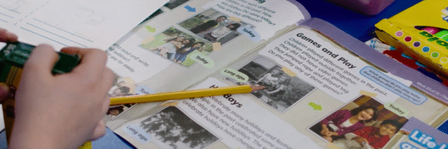 School items on a desk including Studies Weekly Social Studies