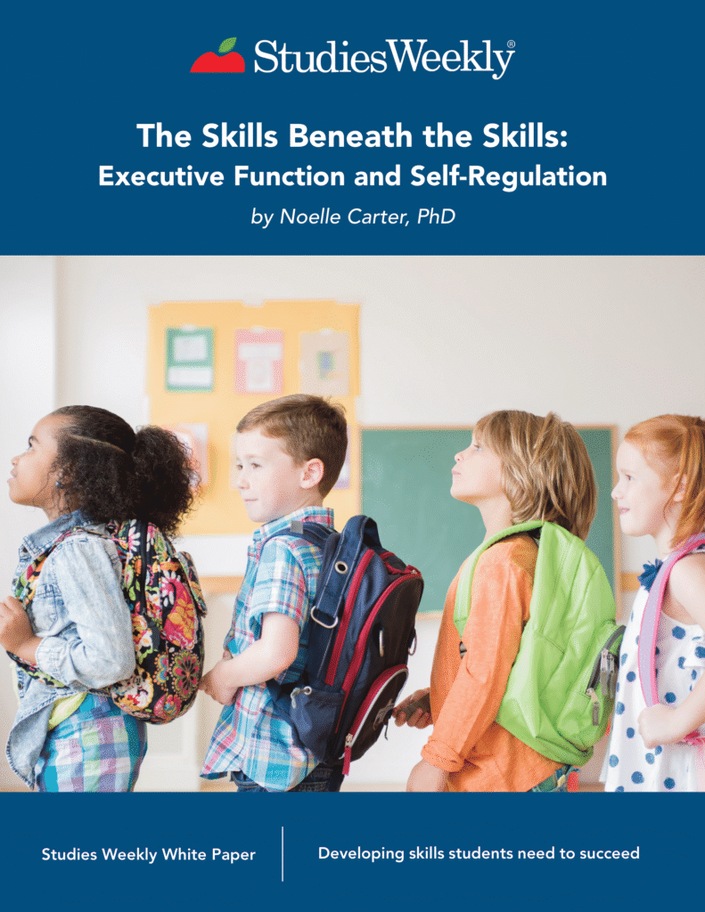 Thumbnail of white paper about executive function and self-regulation skills by Noelle Carter, PhD. Photo of students lined up in class.