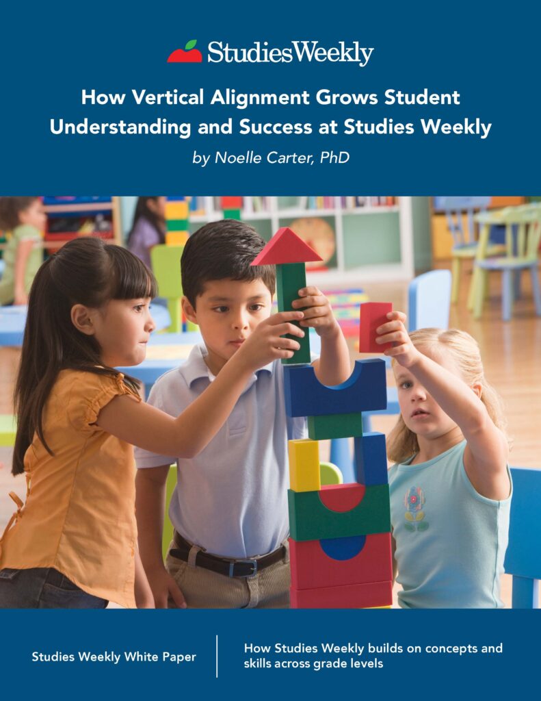 Thumbnail of a white paper showing kids building a tower with blocks and the title "How Vertical Alignment Grows Student Understanding and Success at Studies Weekly"