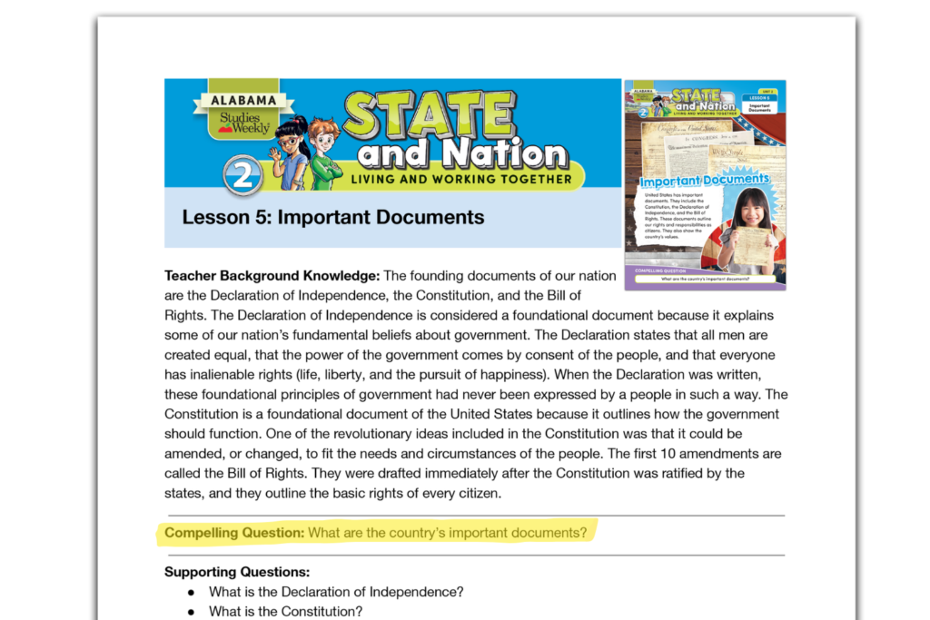 Page from a social studies lesson on Important Documents, featuring a highlighted Compelling Question: What are the country’s important documents?