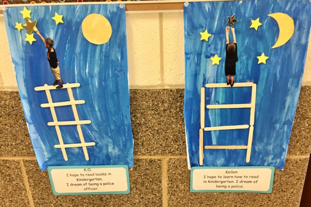 Image of student projects with a writing prompt about their hopes and dreams for the future