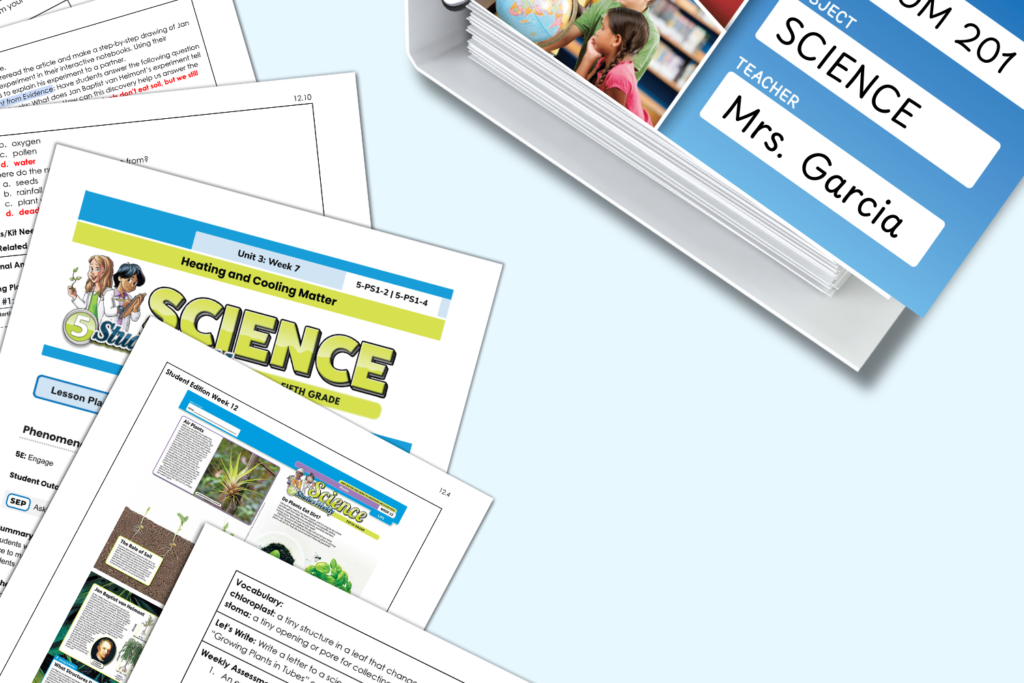 Overhead view of colorful science curriculum books and a binder labeled Science, Mrs. Garcia, for 5th grade teachers and students stay organized.