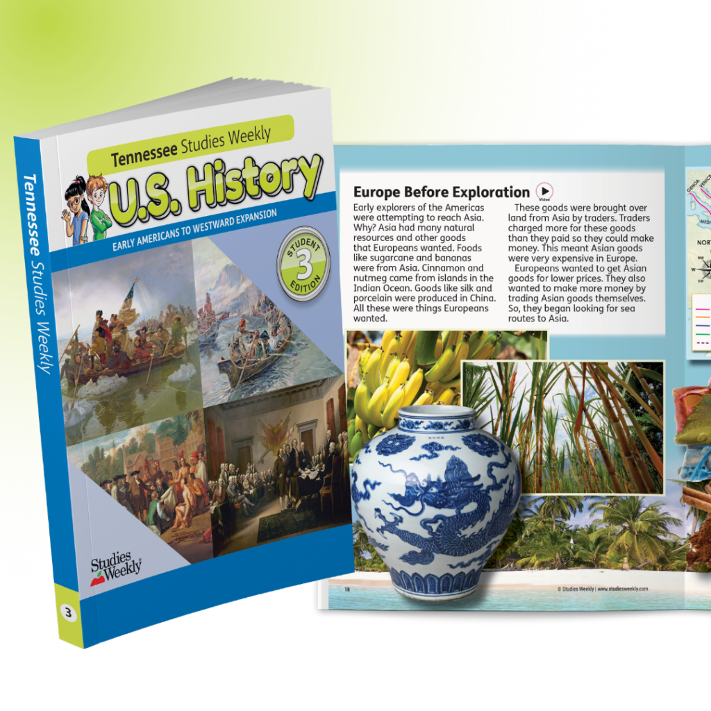Open U.S. History Studies Weekly magazine cover with historical paintings; interior spread labeled 'Europe Before Exploration' shows a blue-and-white vase and tropical plant photos.