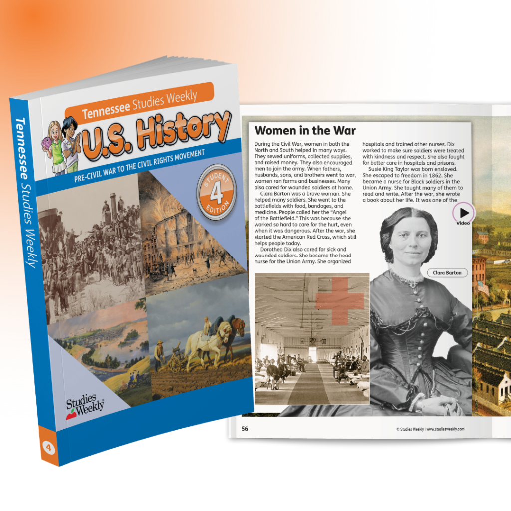 Cover of Tennessee Studies Weekly U.S. History, issue 4, with Civil War collage and orange-blue design.
