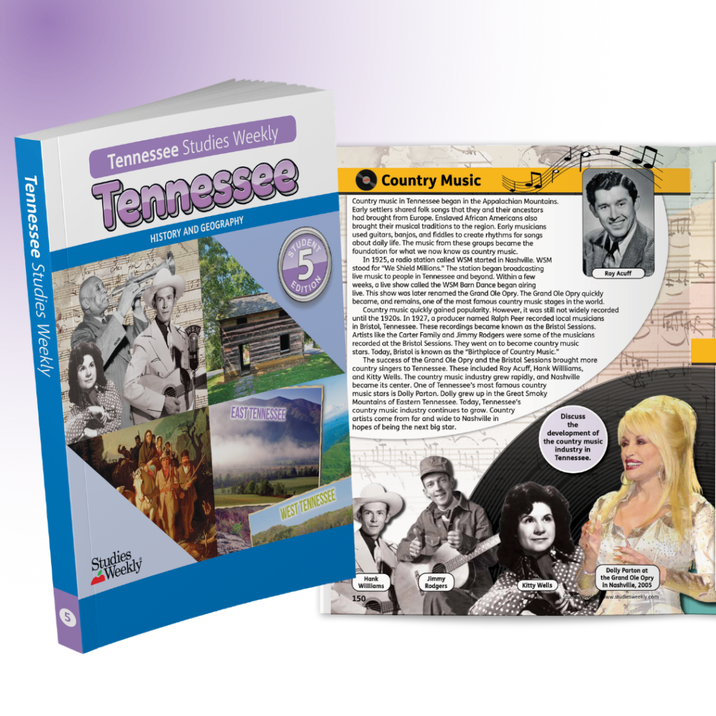 Front cover of a Tennessee Studies Weekly history book beside a vintage country music collage with a '5th edition' badge.