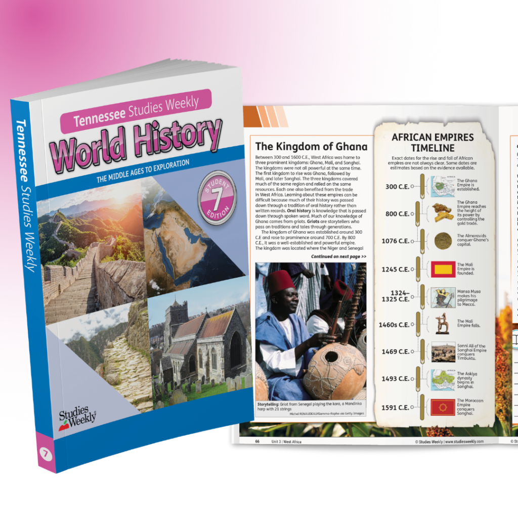 Cover of a World History textbook (Tennessee Studies Weekly) with a collage of landmarks and a purple title banner; open interior spread shows The Kingdom of Ghana timeline and an African Empires timeline with small illustrations.
