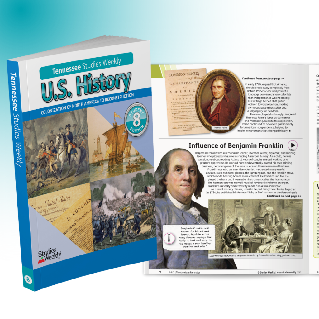 Front cover of a Tennessee Studies Weekly U.S. History book with a collage of historical images and the title 'U.S. History' on a blue banner.