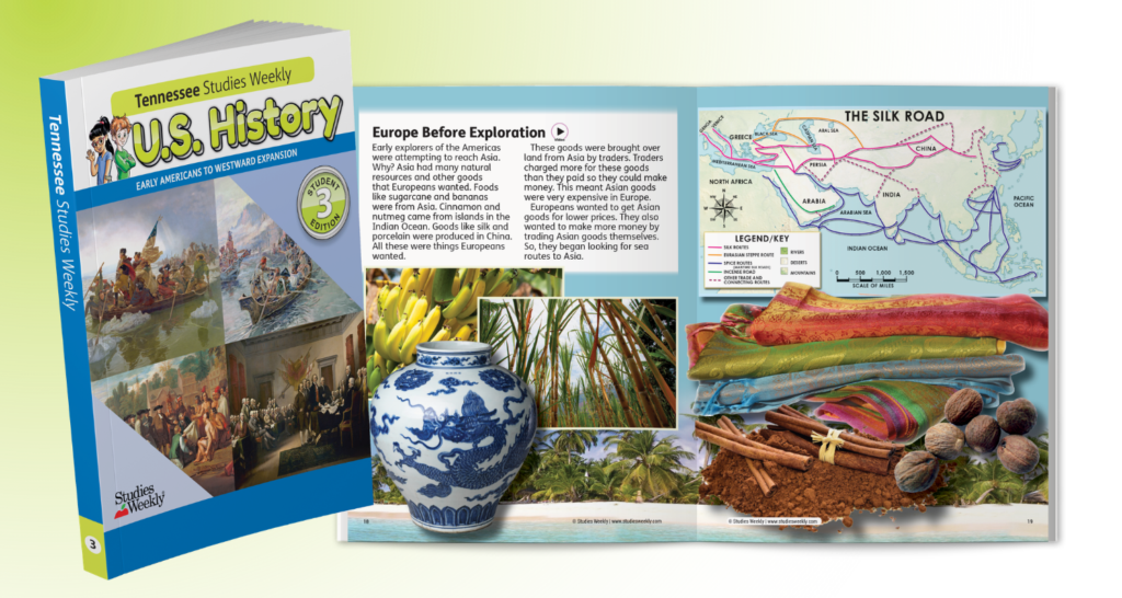 Front cover and opened spread of a U.S. History Studies Weekly book, showing historical scenes, a map, and artifacts collage.
