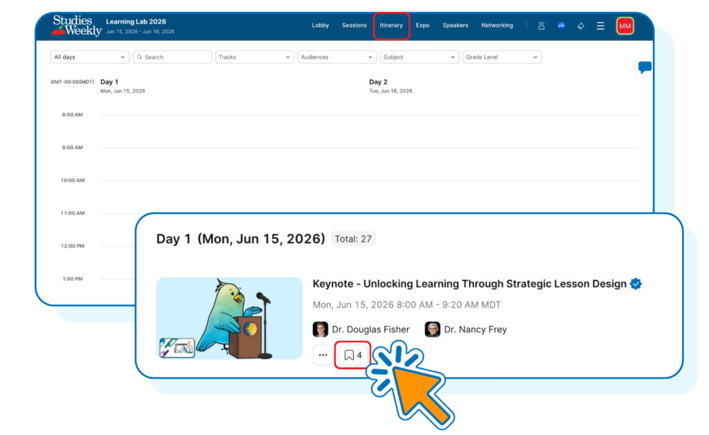 Itinerary page showing Day 1 (Mon, Jun 15, 2026) with a keynote 8:00–9:20 AM MDT and speakers Fisher and Frey, plus a cartoon bird at a podium.