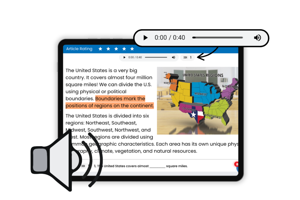 Studies Weekly Online Audio Reader Tool iPad showing an online article with the audio reader tool on Studies Weekly Online