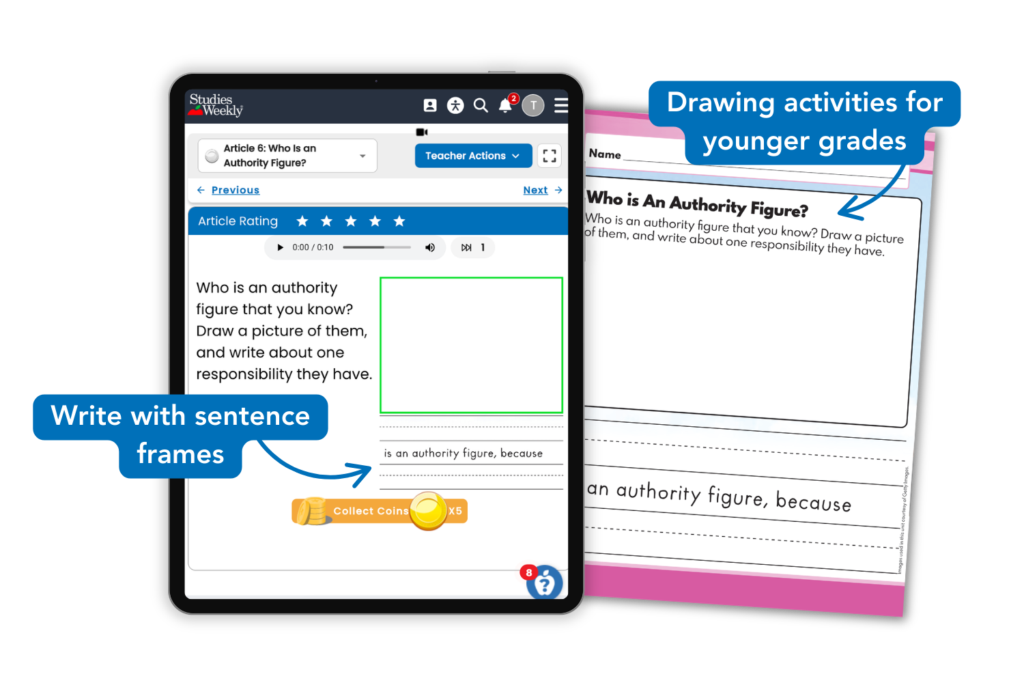 Studies Weekly print and online Spanish article Article on a Studies Weekly print student edition and on an iPad on Studies Weekly Online, showing how students develop literacy skills by writing and practicing with sentence frames